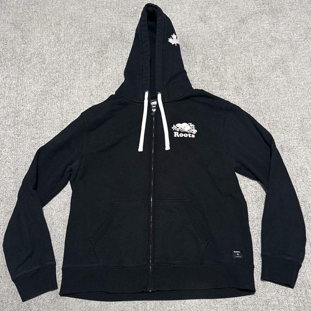 Roots Canada Organic Original Full Zip Hoodie Black White Drawstring Size XL
